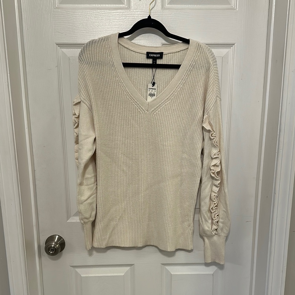 Express Cream Sweater with Ruffle Sleeves